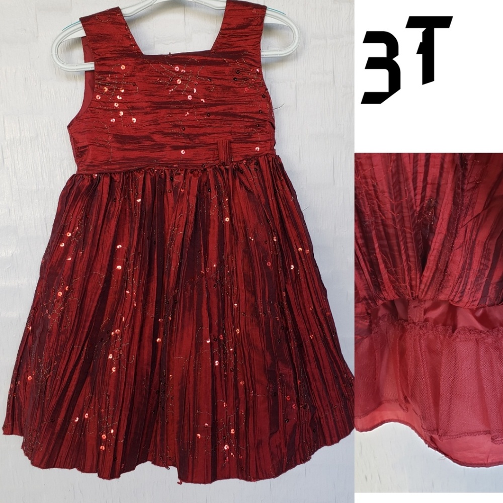 3T red fancy dress sequined crinkle girls dress - Picture 3 of 7